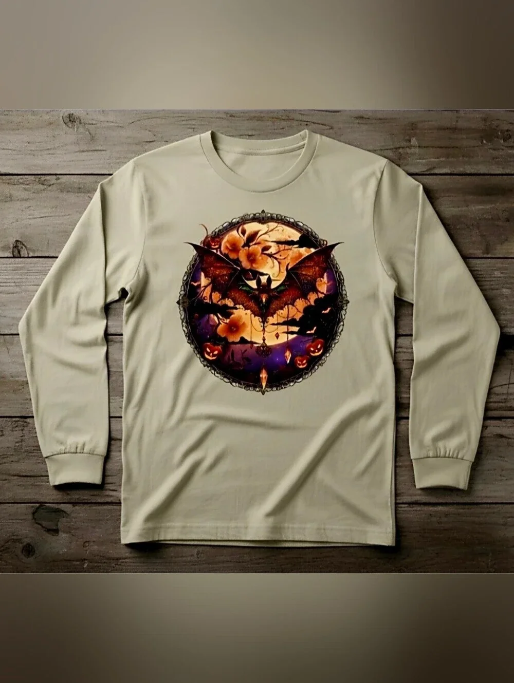 Gothic Bat Moon Floral Halloween Long Sleeve Tee | Witchy Fall Shirt